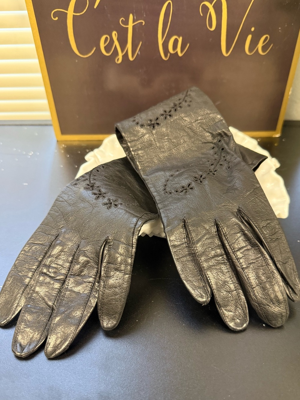 Vintage Black Leather Evening Women's Gloves w/ intricate floral cut-out design